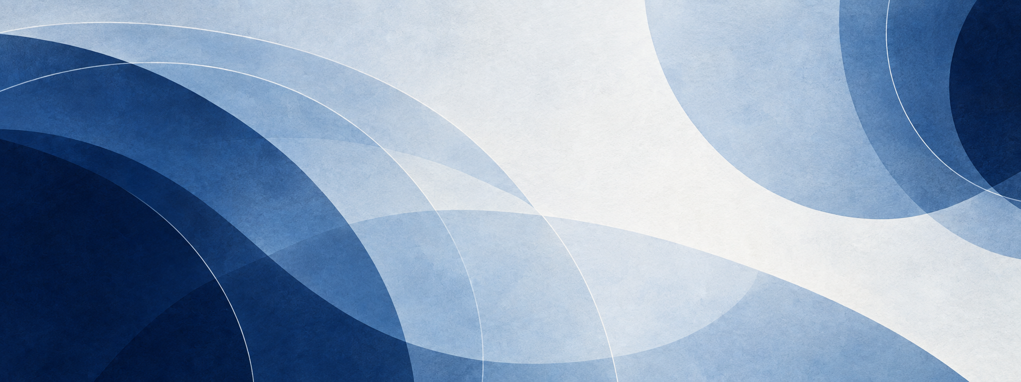 Abstract banner with concentric arcs and fluid forms in shades of navy blue, light blue, and white.