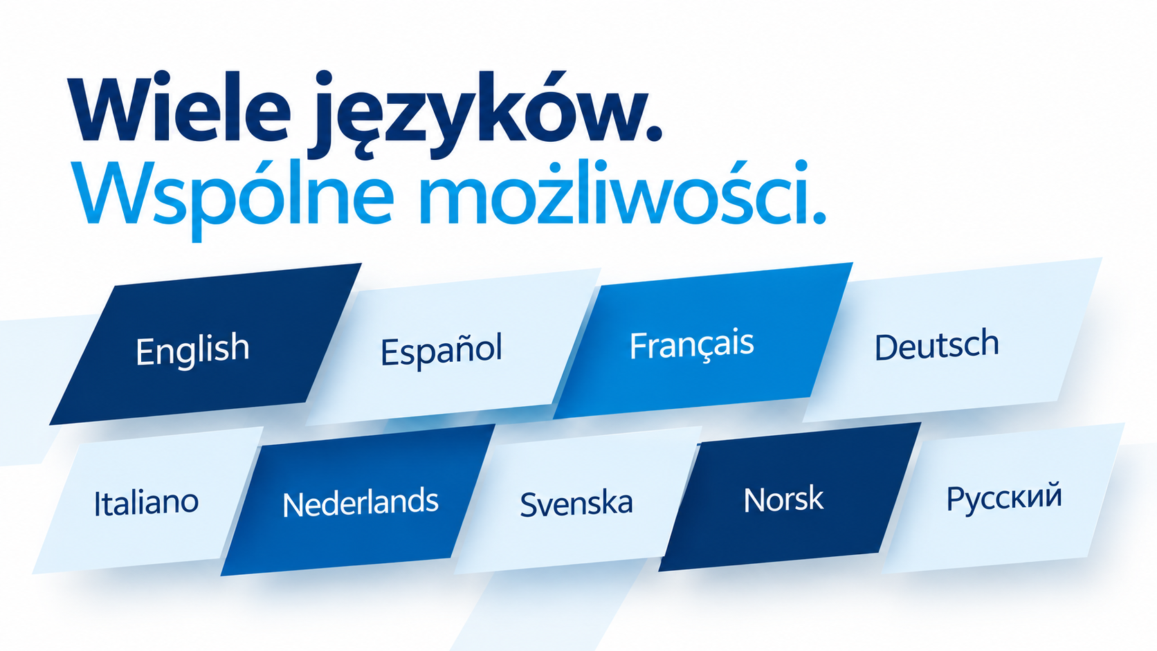 Wiele języków. Wspólne możliwości. English, Español, Français, Deutsch, Italiano, Nederlands, Svenska, Norsk, Русский.