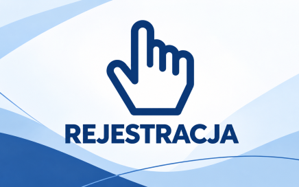 Grafika w kolorystyce Uniwersytetu Warszawskiego z ikoną dłoni i napisem „Rejestracja”.