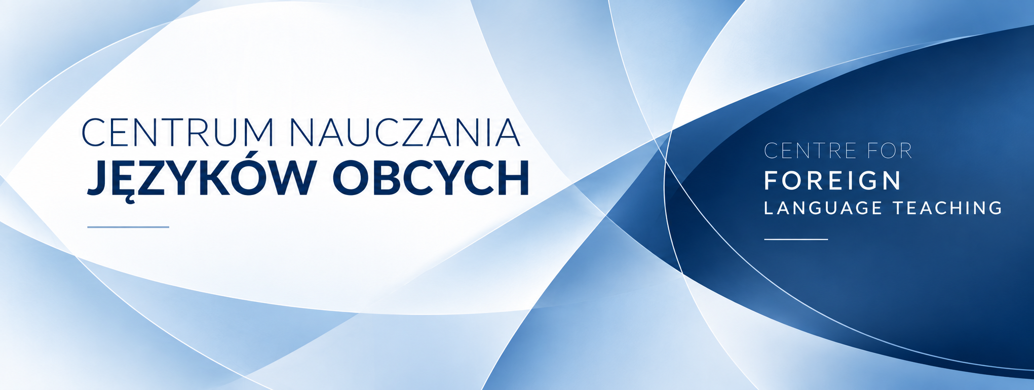 Abstrakcyjny baner w kolorystyce Uniwersytetu Warszawskiego z nazwą Centrum Nauczania Języków Obcych po polsku i angielsku.