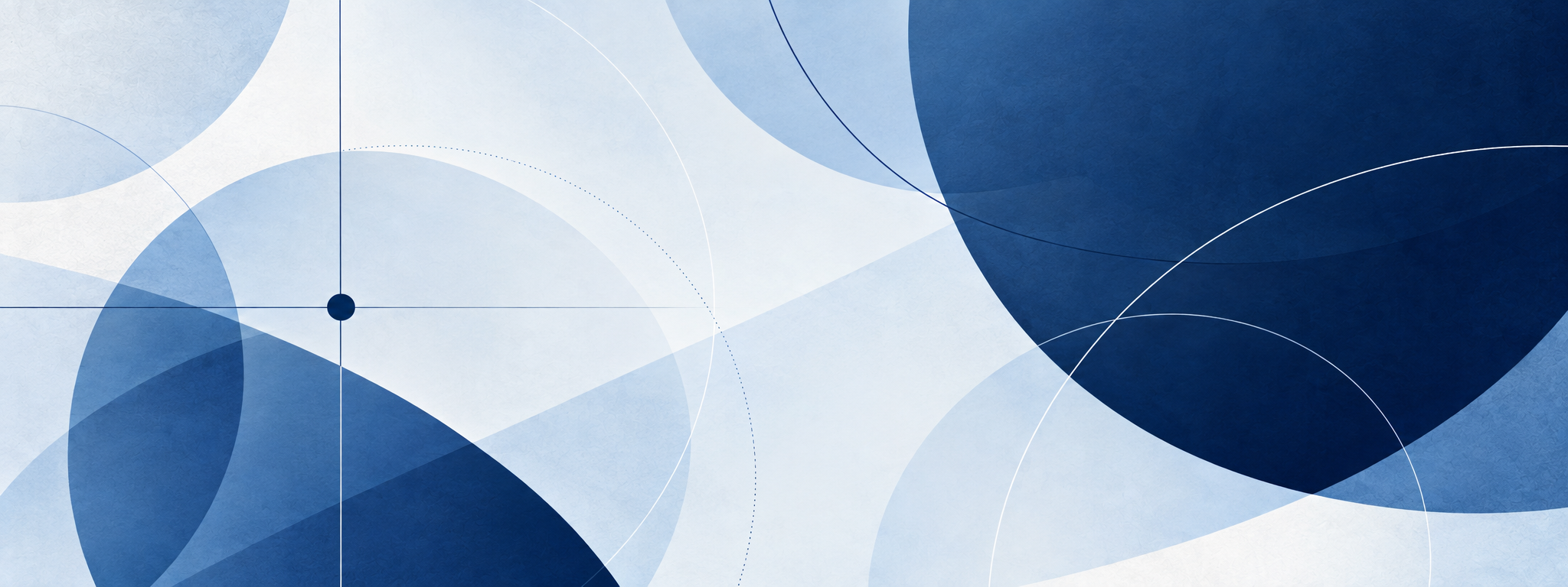 Abstract geometric composition with arcs, lines, and overlapping forms in shades of navy blue and light blue.